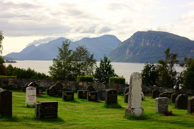 View of cemetery against mountain range