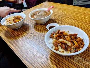 High angle view of food served on table