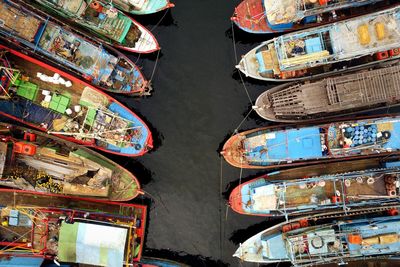 High angle view of multi colored boats