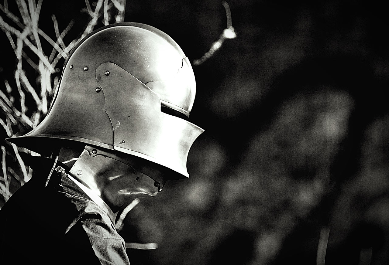 darkness, black, black and white, monochrome, helmet, monochrome photography, headwear, light, white, focus on foreground, clothing, protection, no people, work helmet, metal, close-up