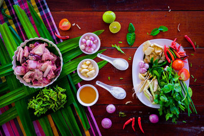 High angle view of fruits served on table