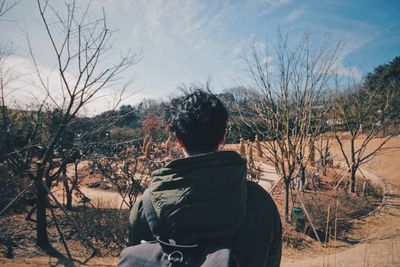 Rear view of man against bare trees