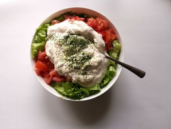 Ice cream in bowl against white background