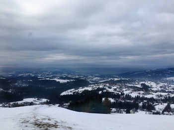 Scenic view of snowcapped mountains against sky during winter