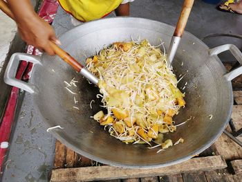 High angle view of person preparing food in kitchen