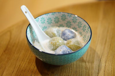 High angle view of ice cream in bowl on table