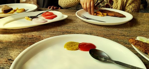 High angle view of breakfast on table