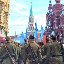 Rear view of army marching at red square