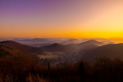 Scenic view of mountains against sky during sunset