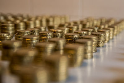 High angle view of coins on table