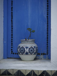 Close-up of potted plants on window of building