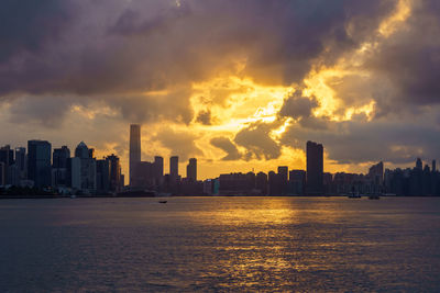 View of buildings against cloudy sky during sunset