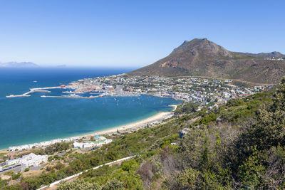 Scenic view of sea and mountains against clear blue sky