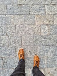 Low section of man standing on cobblestone