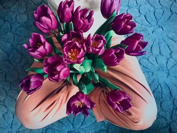 High angle view of pink flowers on table