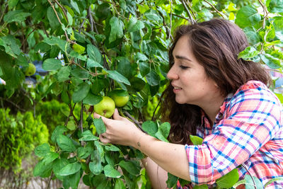 Woman looking at fruits on tree