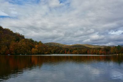 Scenic view of lake by trees against sky