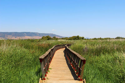 Boardwalk on field against clear sky