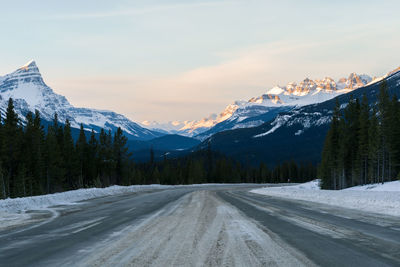 Golden hour road overlooking mountains near peyto lake