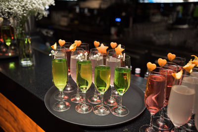 Close-up of wine bottles on table