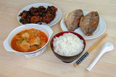 High angle view of food on table