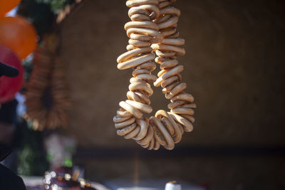 Bagels for tea. russian treat. flour products on a rope. food on the street. 