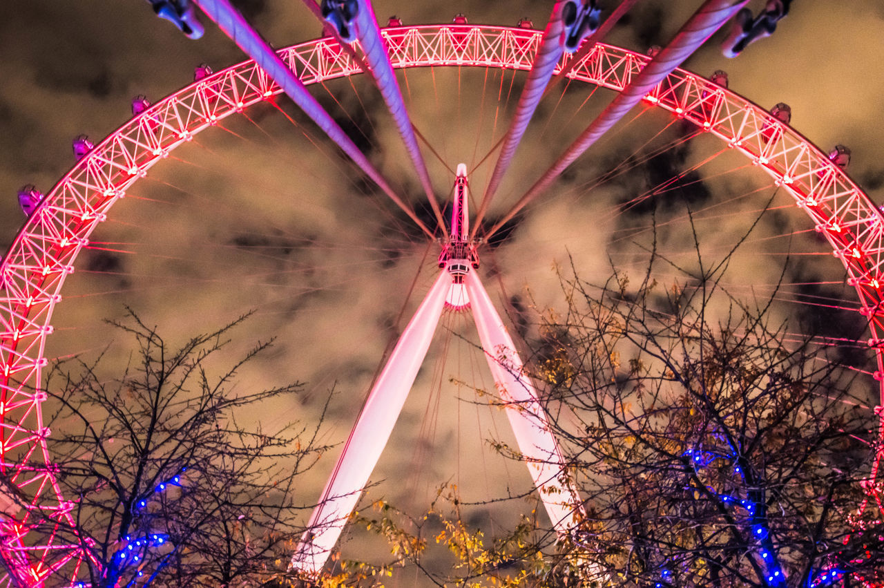 LOW ANGLE VIEW OF ILLUMINATED FERRIS WHEEL AGAINST BARE TREES