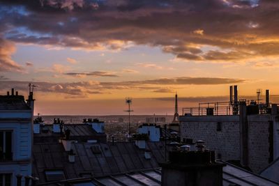 High angle view of city at sunset