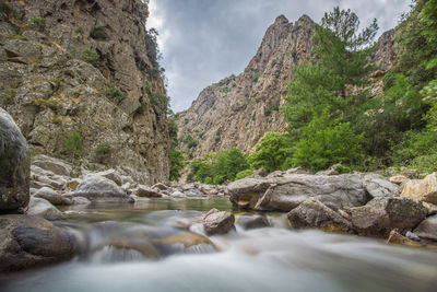 Scenic view of waterfall against sky