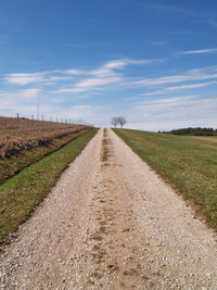 Empty road amidst field against sky