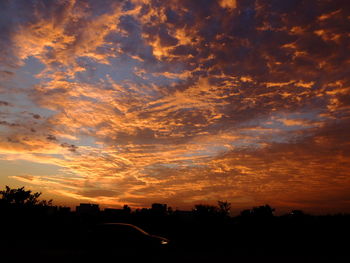 Silhouette trees against dramatic sky during sunset