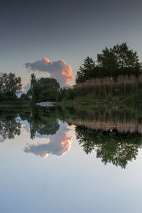 Reflection of trees in lake against sky