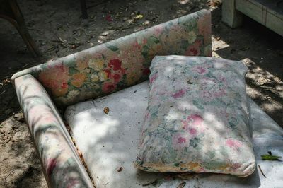 High angle view of obsolete sofa