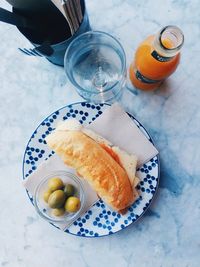 High angle view of breakfast served on table