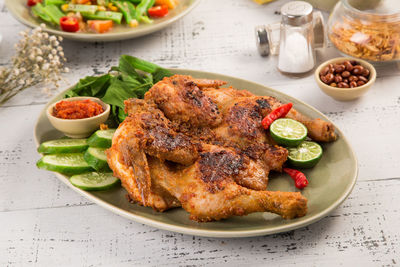 High angle view of food in plate on table