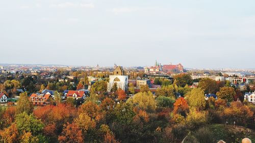 High angle view of townscape against sky during autumn