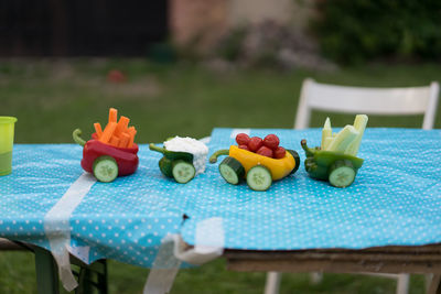 Close-up of miniature train made with vegetables