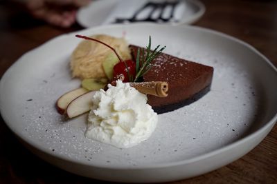 High angle view of dessert in plate on table