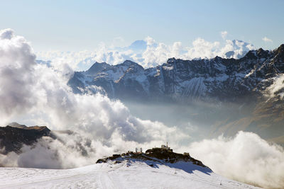 Scenic view of snow covered mountains against sky