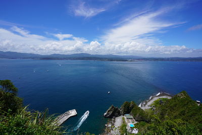 High angle view of sea against blue sky