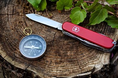 High angle view of navigational compass and utility knife on tree stump