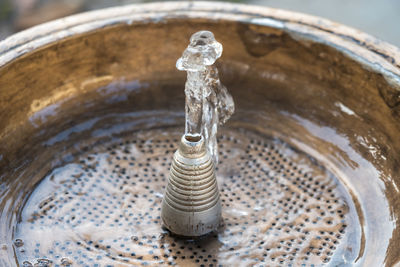 High angle view of faucet in water