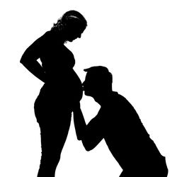 Silhouette man and woman standing against white background