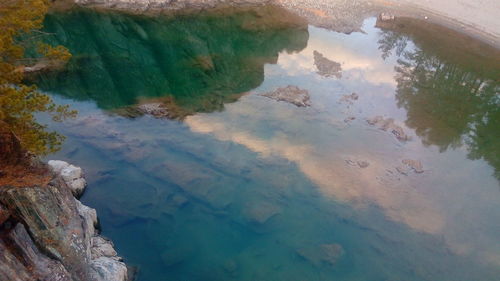 High angle view of reflection of clouds in lake