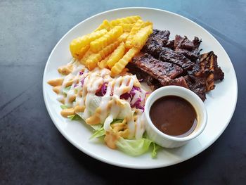 High angle view of food in plate on table