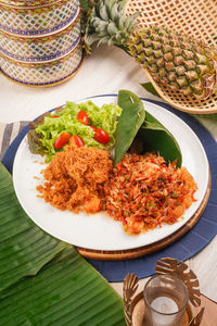 High angle view of food in plate on table