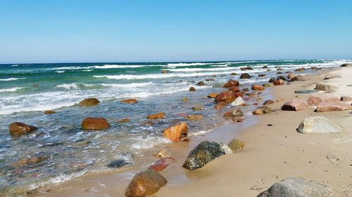 Scenic view of beach against clear sky