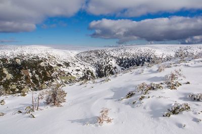 Scenic view of snow covered land against sky