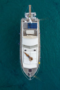 High angle view of ship sailing on sea