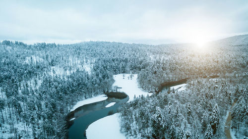 Aerial view of snow covered landscape against sky